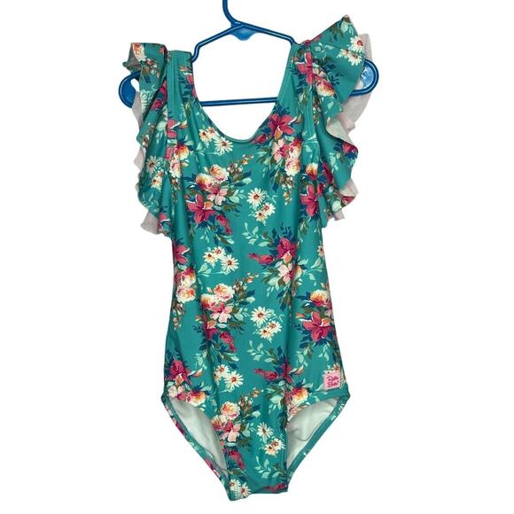 Ruffle Butts Girls Teal Fancy Me Floral Ruffle Bow One Piece Swimsuit Size 6 - Picture 2 of 9